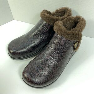 Alegria Meri Ankle Boot Women Sz 39 Molasses Tooled Leather Faux Fur MER-422 Zip